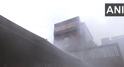 Fire breaks out at a hospital in Ahmedabad's Sahibaug area. Around 20-25 fire tenders on the spot. (Photo | ANI)