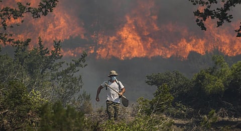 Flames burn a forest in Vati village, on the Aegean Sea island of Rhodes, southeastern Greece.(File Photo | AP)