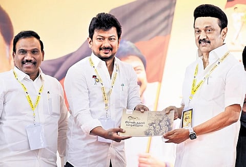 DMK president and Chief Minister MK Stalin, Sports Minister Udhayanidhi Stalin and Nilgiris MP A Raja at Anna Arivalayam on Saturday | Express