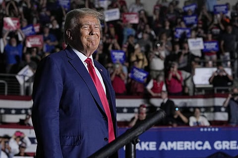 Former President Donald Trump arrives for a campaign rally, Saturday, July 29, 2023, in Erie, Pennsylvania. (Photo | AP)