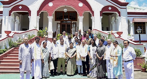 A delegation of MPs from the opposition alliance 'INDIA' meet with Manipur Governor Anusuiya Uikey, at Raj Bhavan, in Imphal, Sunday, July 30, 2023. (Photo | PTI)