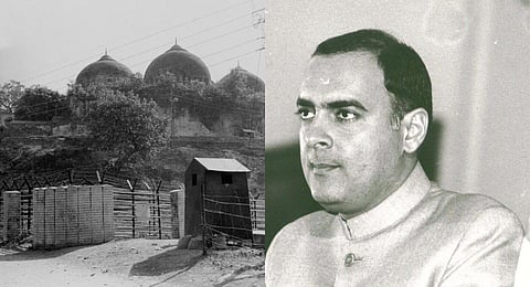 FILE - A collage of the Babri Masjid and former Prime Minister Rajiv Gandhi, used for representational purposes only. (Express Photos)
