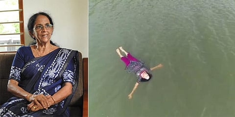 Molly George (inset) swimming in the Gayathri river at Pazhambalacode, Palakkad.