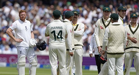 England's Jonny Bairstow reacts as he watches the replay of his dismissal on a big screen during the fifth day of the second Ashes Test match. (Photo | AP)