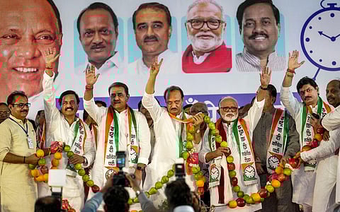 Maharashtra Deputy Chief Minister Ajit Pawar with NCP leaders Praful Patel, Chhagan Bhujbal and others during the meeting of Ajit Pawar-led NCP, in Mumbai, Wednesday, July 5, 2023. (Photo | PTI)