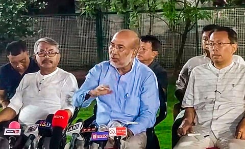 Manipur Chief Minister N Biren Singh addresses the media in Imphal, Monday, July 3, 2023. (Photo | PTI)