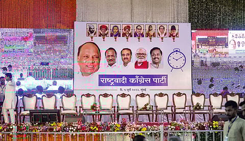 A hoarding bearing a photo of Nationalist Congress Party (NCP) chief Sharad Pawar put up at the venue of the meeting of Ajit Pawar-led NCP, in Mumbai, Wednesday, July 5, 2023. (Photo | PTI)