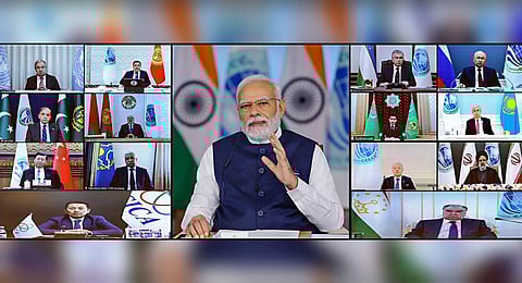 Prime Minister Narendra Modi addresses at SCO Summit via video conferencing, Tuesday, July 4, 2023. (Photo | PTI)