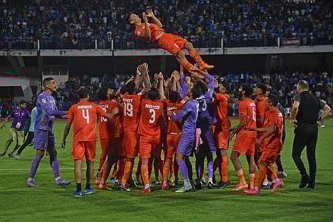 Indian players lift captain Sunil Chhetri after the SAFF Championships final against Kuwait in Bengaluru (Photo | Vinod Kumar T, EPS)