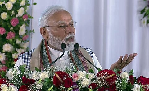 Narendra Modi addresses during the inauguration and foundation stone laying ceremony of several developmental projects, in Raipur. (Photo | ANI)