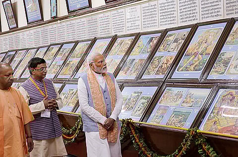 Prime Minister Narendra Modi with Uttar Pradesh Chief Minister Yogi Adityanath at the Gita Press during the closing ceremony of the centenary celebrations of the book publisher (Photo | PTI)