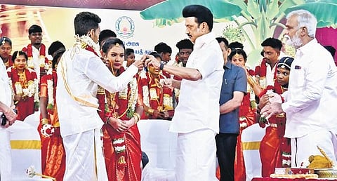Chief Minister M K Stalin solemnising a mass marriage event organised by HR and CE department in Chennai on Friday | P Jawahar