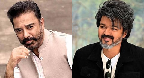 Tamil cinema superstars Kamal Haasan and Thalapathy Vijay. (Photos | Twitter)