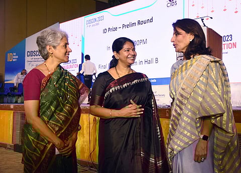 MSSRF chairperson Dr Soumya Swaminathan, DMK MP Kanimozhi and Apollo Hospitals vice-chairperson Dr Preetha Reddy at 13th annual conference of CIDS at the Chennai Trade Centre. (Photo | Ashwin Prasath)