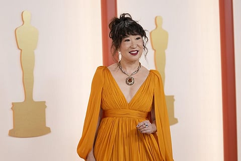 This gorgeous Giambattista Valli gown looked stunning on Sandra Oh; a colour that absolutely sings on her and a style that feels elegant, easy, and boldly chic. That pendant is a showstopper that comp