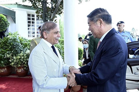 Pakistan's Prime Minister Shehbaz Sharif, left, greets Chinese Vice Premier He Lifeng, in the Prime Minister house in Islamabad on July 31, 2023. (Photo | AP)