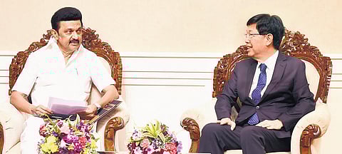 Chief Minister M K Stalin with Foxconn Chairman and CEO Young Liu | pti