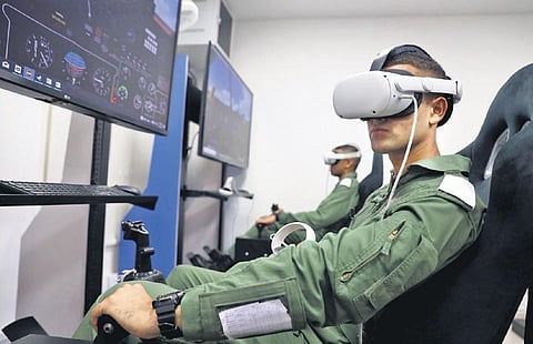 Cadets undergo a simulation exercise using VR headsets at the Hakimpet Air Force Station, on Monday. (Photo | Sri Loganathan Velmurugan)