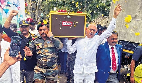 Officials carry the coffin of 40-year-old Havildar Srinivasu Pitta at Bhimnagar Pekeru village in K Gangavaram mandal of Konaseema district on Sunday.  (Photo | Express)