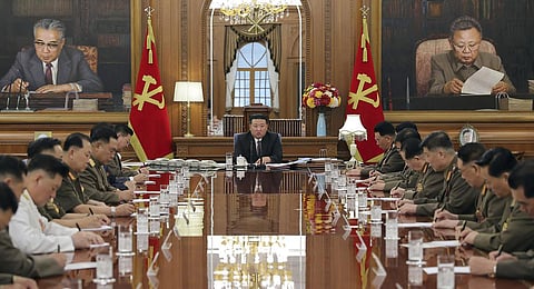 North Korean leader Kim Jong Un, center, attends a meeting of the North Korean ruling Workers’ Party’s central military commission in Pyongyang, North Korea. (Photo | AP)