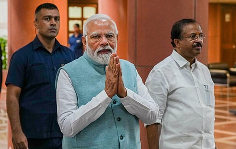 Prime Minister Narendra Modi arrives for the BJP Parliamentary party meeting, in New Delhi, Tuesday, Aug. 8, 2023. (Photo | PTI)