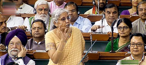 Union Finance Minister Nirmala Sitharaman speaks during the discussion on the Motion of No-Confidence in the Lok Sabha during the Monsoon session of Parliament (Photo | PTI)