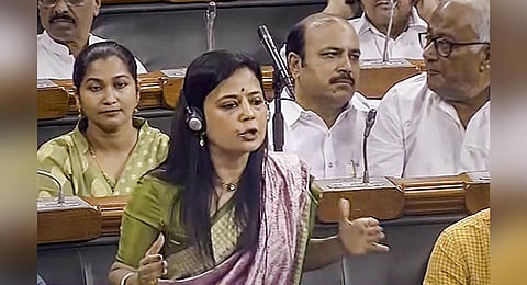 TMC MP Mahua Moitra speaks during the discussion on the Motion of No-Confidence in the Lok Sabha. (Photo | PTI)