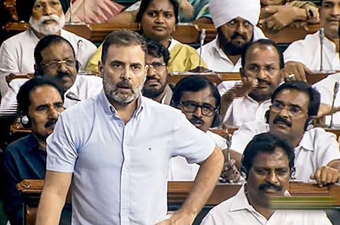 Congress MP Rahul Gandhi speaks during a discussion on the Motion of No-Confidence in the Lok Sabha during the ongoing Monsoon session of Parliament, in New Delhi. (PTI)