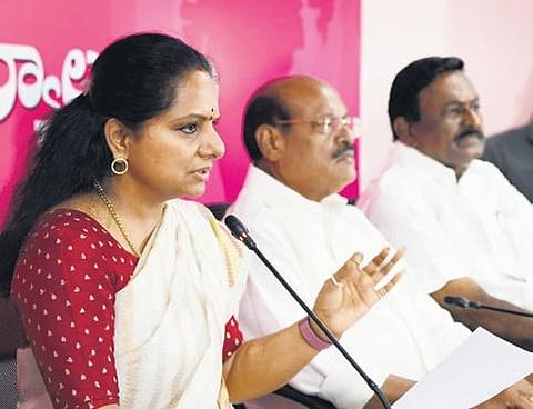 BRS MLC K Kavitha  addresses the media in Hyderabad on Thursday | Vinay Madapu