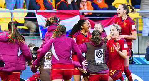 Spain's Salma Paralluelo (center) celebrates with teammates after scoring her team's second goal during extra time against Netherlands. (Photo | AP)