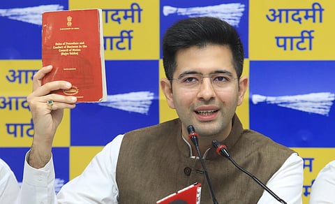 AAP MP Raghav Chadha addresses a press conference on the issue of false allegations and alleged breach of privilege against the former, at the party headquarters, in New Delhi. (Photo | Shekhar Yadav)