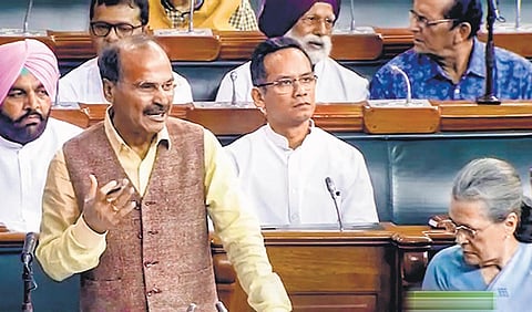 Congress MP Adhir Ranjan Chowdhury speaks during the discussion on the no-confidence motion in the Lok Sabha on Thursday | PTI