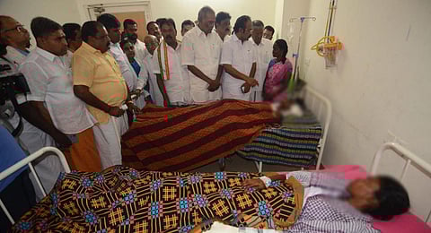 Minister Thangam Thennarasu and Speaker Appavu visited the students in the hospital. (Express Photo)