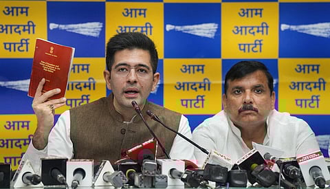 AAP MPs Raghav Chadha (L) and Sanjay Singh address a press conference on the issue of alleged breach of privilege against the former, in New Delhi, Thursday, Aug. 10, 2023. (Photo | PTI)