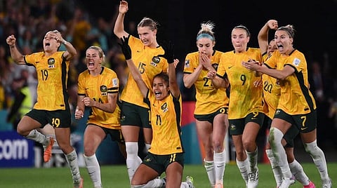 Australia's players celebrate their victory after a penalty shoot-out during the Australia and New Zealand 2023 Women's World Cup quarter-final football match. (Photo | AFP)