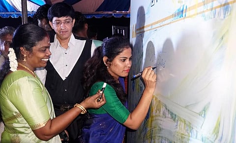 Mayor R Priya takes part in Clean Chennai signature campaign at Besant Nagar beach on Saturday | Express