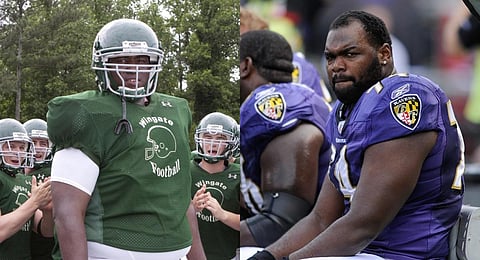 (Left) A still from 'The Blind Side' showing Quinton Aaron portraying Michael Oher; (Right) Michael Oher playing for the Baltimore Ravens in the National Football League. (Photo | AP)