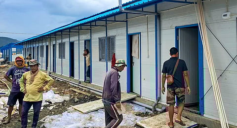 Prefabricated houses being constructed for people displaced by the ongoing ethnic clashes in Manipur.(Photo | PTI)