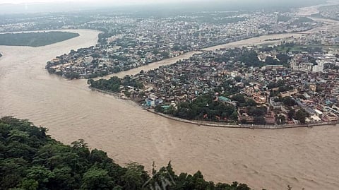 An aerial view of the increased water level in the Ganga river amid incessant rainfall