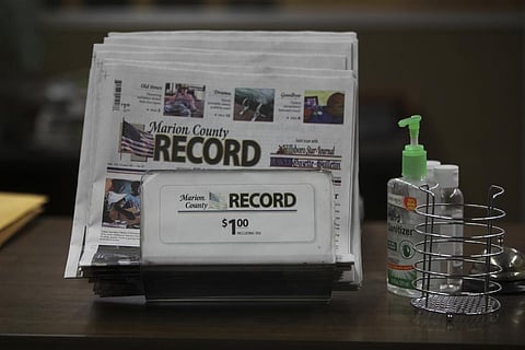 The last printed issue of the Marion County Record sits in a display in its office, Sunday, Aug. 13, 2023, in Marion, Kansas. (AP)