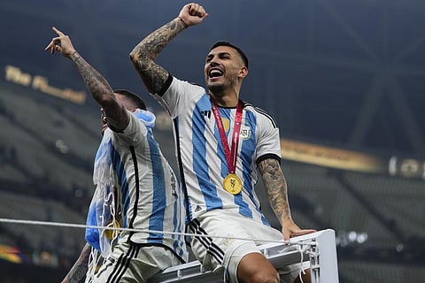 Leandro Paredes celebrates winning the World Cup final soccer match between Argentina and France. (Photo | AP)