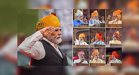 Combo picture shows PM Narendra Modi during his address to the nation from the Red Fort on the 77th Independence Day (at left); and from 2014 to 2022 (thumbnails at right), in New Delhi. (Photo | PTI)