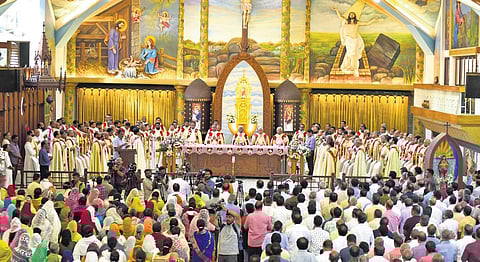 Priests and parishioners celebrate Holy Mass facing people at St Mary’s Cathedral Basilica as part of the feast of Assumption of Blessed Virgin Mary on Tuesday. (Photo | A Sanesh)