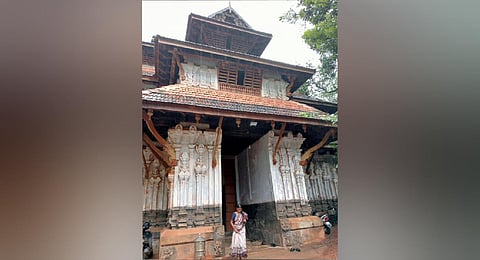 The Thiruvanchikulam Siva temple entrance with dilapidated walls. (Photo | Express)