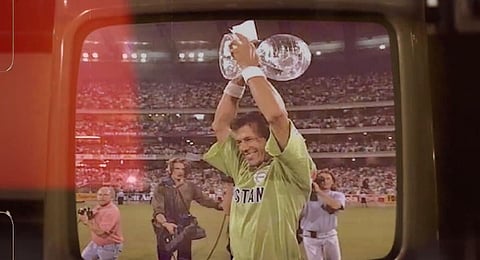 A screengrab from the new video uploaded by the PCB now features former Pakistan skipper Imran Khan celebrating with the 1992 Men's World Cup trophy. (Photo | Twitter @TheRealPCB)