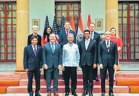 External Affairs Minister S Jaishankar and US Congress delegates after a meeting in New Delhi on Wednesday. (Photo | PTI)