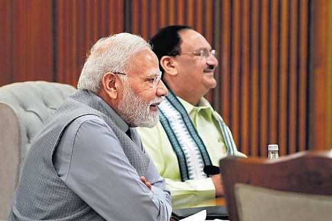 Prime Minister Narendra Modi and BJP national president JP Nadda attend the Central Election Committee meeting in New Delhi on Wednesday. (Photo | PTI)