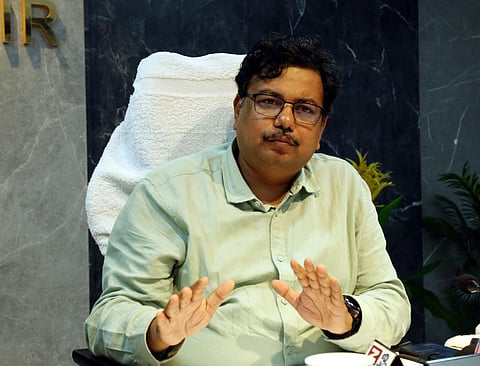 Railway DRM Saurabh Prasad addressing a press conference in Visakhapatnam on Wednesday. (Photo | G Satyanarayana)