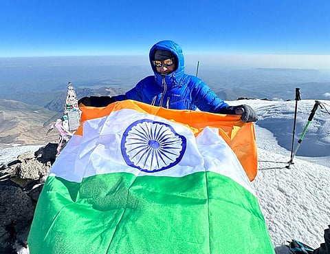 Milasha unfurls the tricolour atop Mt elbrus. (Photo | Express)