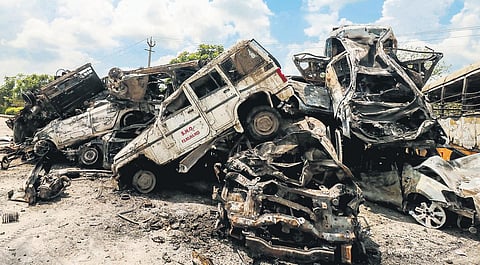 FILE - A heap of vehicles which went up in flames during the communal clashes in Haryana's Nuh district. (Photo | PTI)